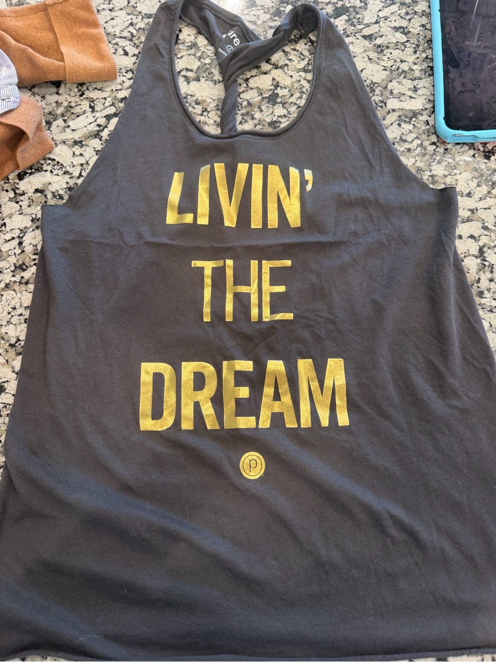 Pure Barre Black Tank with Gold "Livin' The Dream" Print Twisted Razorback L